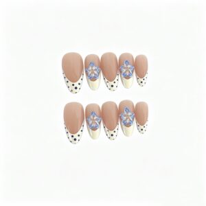 Fresh Cream White & Blue Polka Dot 3D Floral Long Stiletto Press-On Nails