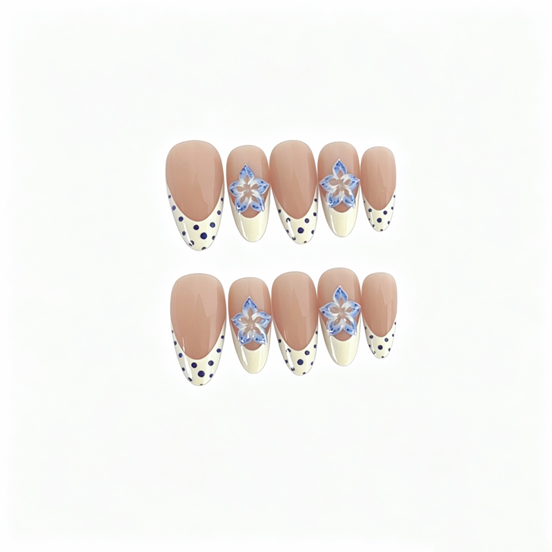 Fresh Cream White & Blue Polka Dot 3D Floral Long Stiletto Press-On Nails