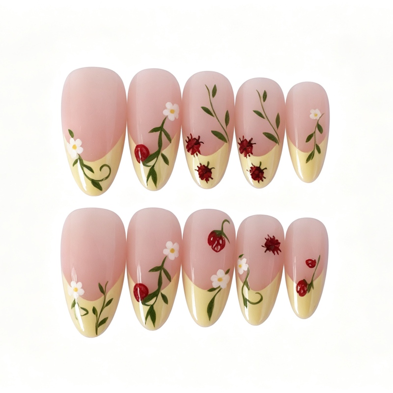 Forest Pastoral Style Hand-Painted Strawberry & Ladybug Long Almond Press-On Nails