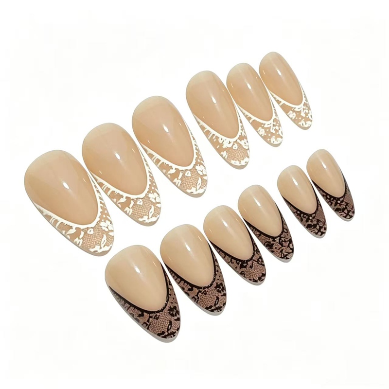 Sweet & Edgy Y2K Lace French Black & White AB Mid-Length Almond Press-On Nails