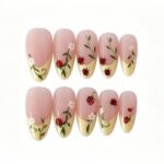 Flower Pattern Series Forest Pastoral Style Hand-Painted Strawberry & Ladybug Long Almond Press-On Nails
