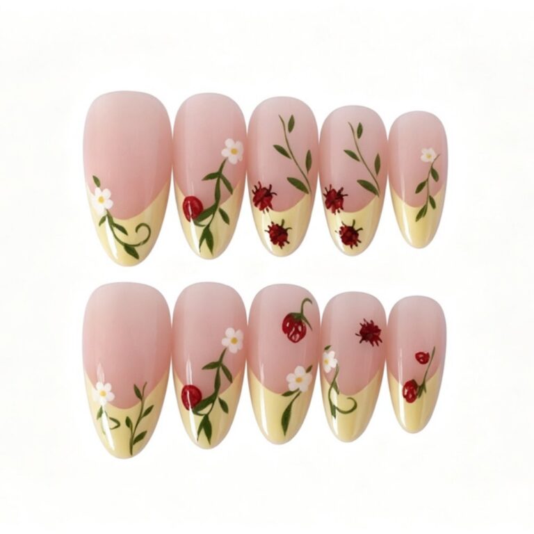 Flower Pattern Series Forest Pastoral Style Hand-Painted Strawberry & Ladybug Long Almond Press-On Nails