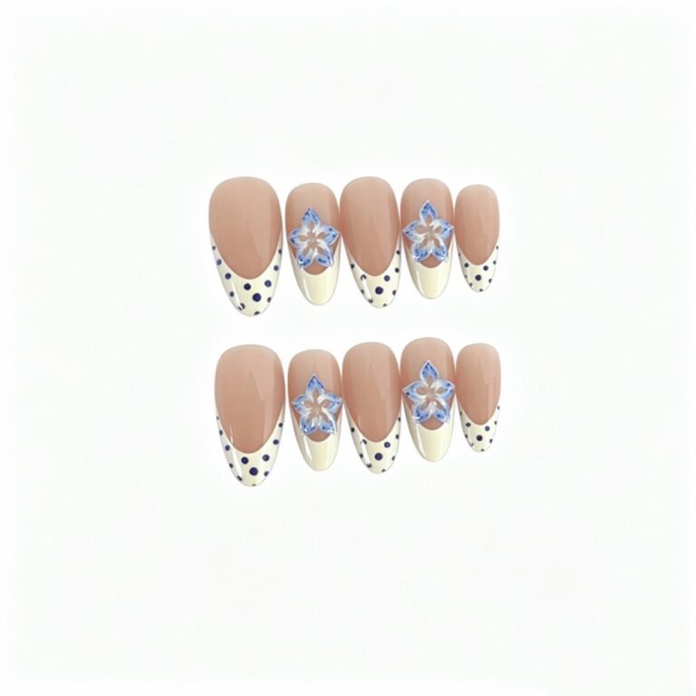 Ocean Series Fresh Cream White & Blue Polka Dot 3D Floral Long Stiletto Press-On Nails