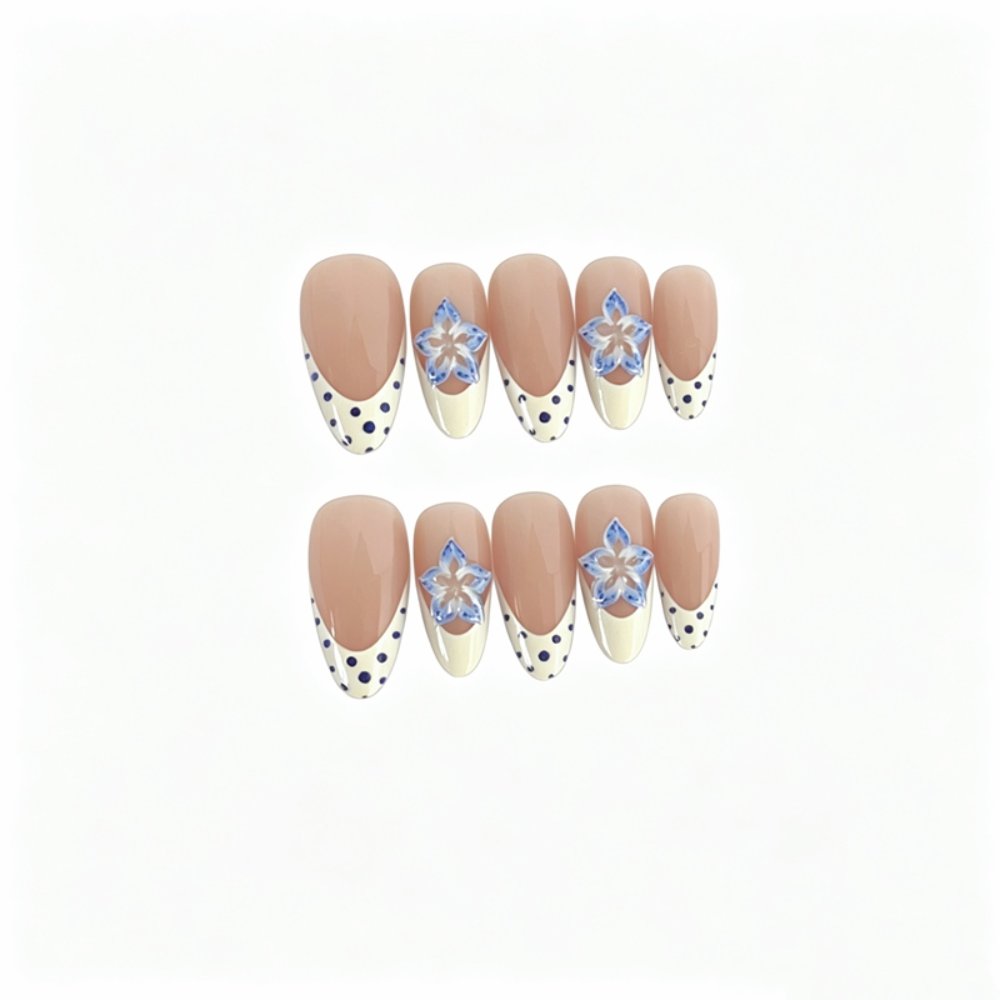 Ocean Series Fresh Cream White & Blue Polka Dot 3D Floral Long Stiletto Press-On Nails