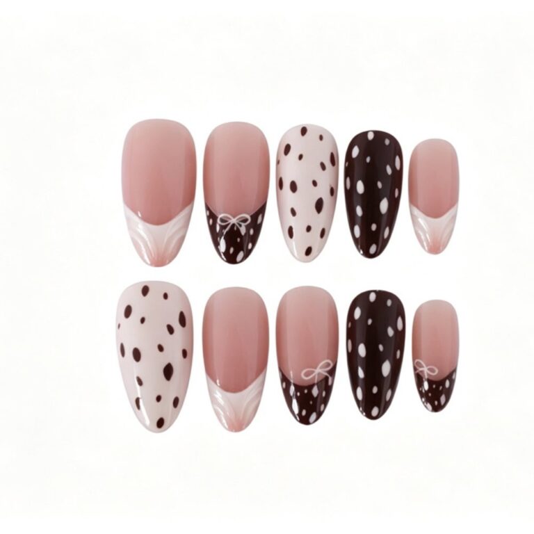 Others Maillard Retro Style Bambi Deer Bow & Polka Dot Medium Almond Press-On Nails