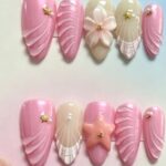 Flower Pattern Series Pink-toned Ocean Style 3D Shell, Floral & Star Medium Almond Press-On Nails