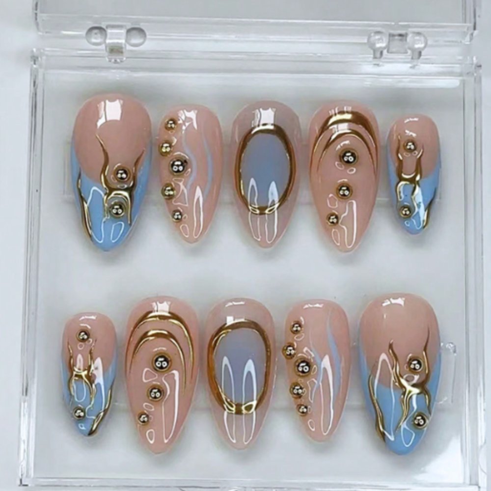 Others Blue Gilded Press-On Nails