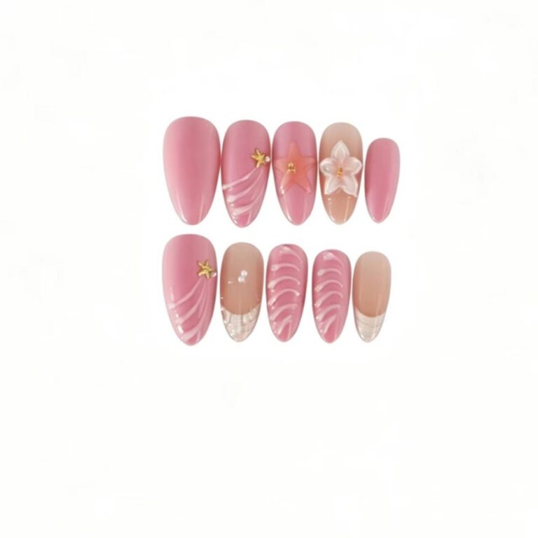 Flower Pattern Series Pink-toned Ocean Style 3D Shell, Floral & Star Medium Almond Press-On Nails