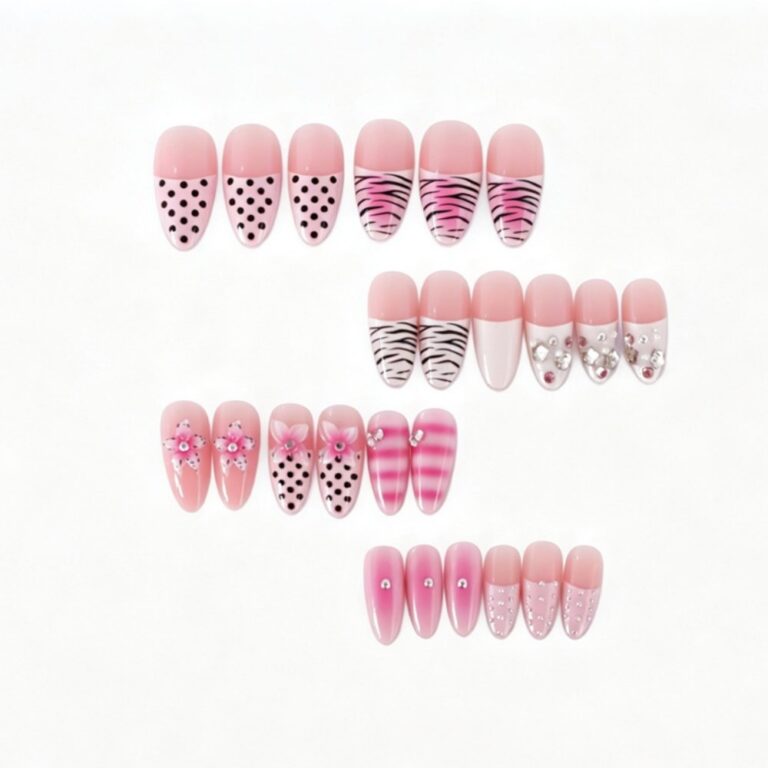 Gradient Series Sweet Edgy Pink & Black Zebra Stripe 3D Floral Rhinestone Long Stiletto Press-On Nails