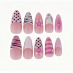 Gradient Series Sweet Edgy Pink & Black Zebra Stripe 3D Floral Rhinestone Long Stiletto Press-On Nails